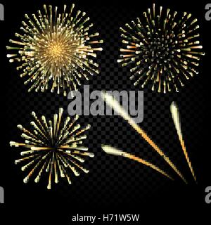 Bright fireworks in honor of the holiday on a black background. Three rockets. illustration Stock Vector
