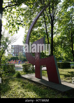 Soviet monument with hammer and sickle remain in Krasnoarmeyisk (Red army), a little city of eastern Ukraine Stock Photo