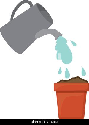 watering can sprays water drops above plant pot over white background. vector illustration Stock Vector