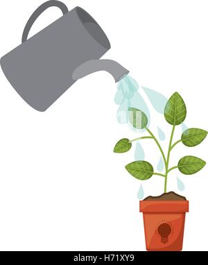 watering can sprays water drops above  green plant in a pot icon over white background. vector illustration Stock Vector