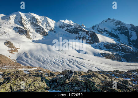 Piz Palu and Piz Bernina from Diavolezza, Berniner Alps, Graubunden, Switzerland. Stock Photo