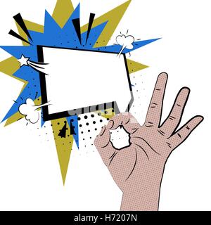 Hand sign comic retro pop art style white bubble. Gestures okay. Cartoon comic vector colored speech bubble. Halftone hand drawn Stock Vector