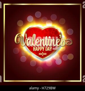 Great heart with sign Valentines happy day, glowing in dark, blurred defocus lifgts Stock Vector