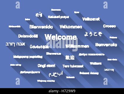 White welcome phrase in different languages of the world with long shadow on blue background Stock Vector