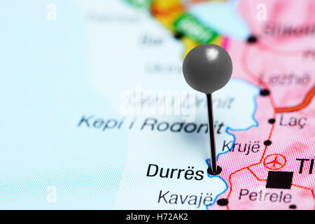 Durres pinned on a map of Albania Stock Photo