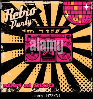 Retro party poster template with boombox on grunge background. Design elements for poster, flyer. Vector illustration. Stock Vector