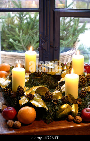 Advent wreath, four candles, fourth Sunday of Advent Stock Photo