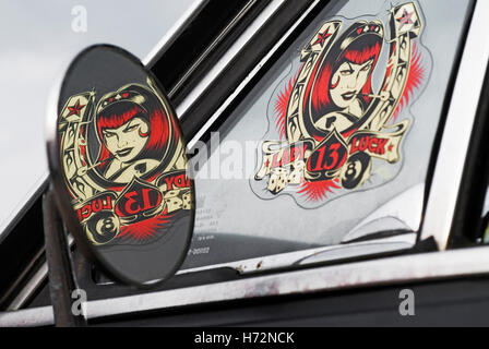 Lady 13 Luck - sticker on the window and in the mirror of a limousine, Hot Rods, Kustoms, Cruisers & Art at the 'Bottrop Kustom Stock Photo