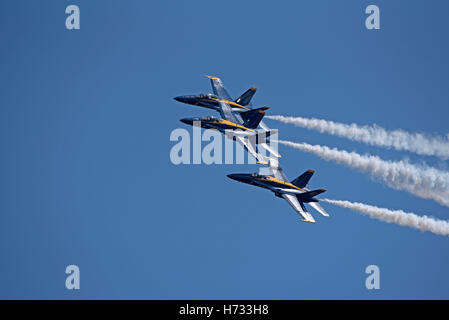 NAS Pensacola Florida USA  Blue Angels FA 18 Hornet jets in flight over their Pensacola base Stock Photo