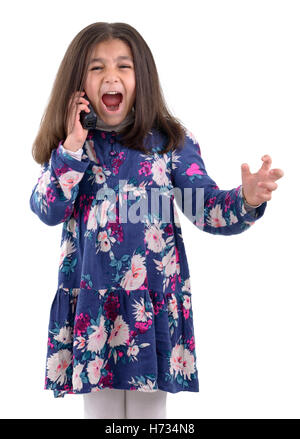 Angry Young Girl During a Phone Call Isolated on White Stock Photo