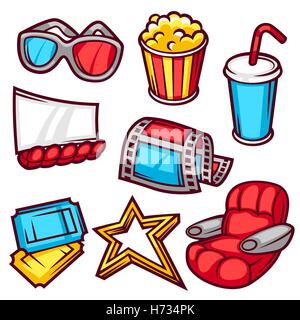 Set of movie elements and cinema objects in cartoon style Stock Vector