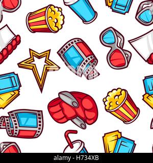 Seamless pattern of 3d movie elements and cinema objects in cartoon style Stock Vector