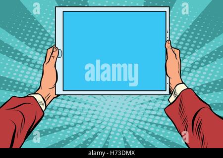 Pop art electronic tablet in the hands Stock Vector