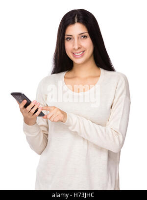 woman telephone phone cardigan humans human beings people folk persons human human being laugh laughs laughing twit giggle Stock Photo