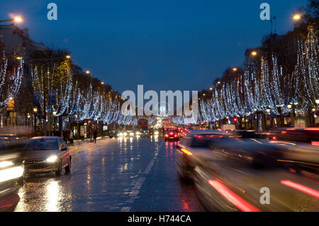 Champs-Elysees at Christmastime at night, Paris, France, Europe Stock Photo