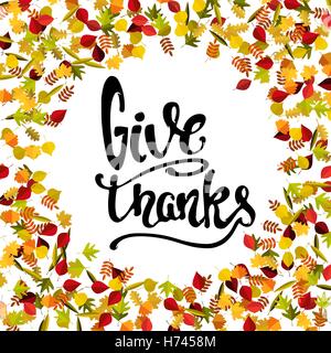 Frame from yellow autumn leaves with lettering. Give thanks. Vector illustration. Stock Vector