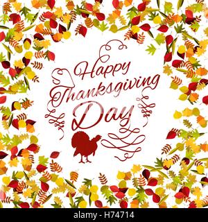 Frame from yellow autumn leaves with lettering. Happy Thanksgiving Day. Vector illustration. Stock Vector