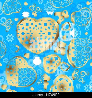 Gold-on-sky blue seamless sari pattern with hearts (vector); a JPG version is also available Stock Vector