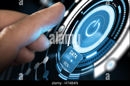 Finger press a fututistic GUI on a computer dashboard. Modern interface design with blue tones. Composite image between an image Stock Photo