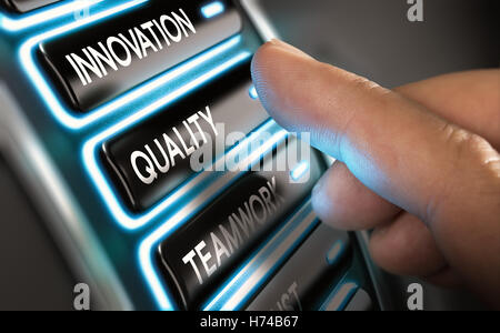 Finger press a quality button on a dashboard. Modern user interface design with blue tones. Concept of company statement value. Stock Photo