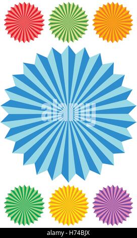 Abstract rosette, starburst or badge like geometric shape in 7 color Stock Vector