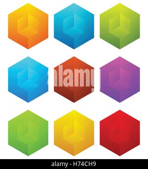 Set of cubes with holes in 9 bright color Stock Vector