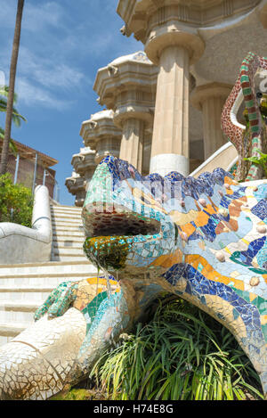 BARCELONA, SPAIN- AUGUST 4 2016: detail of the great dragon lizard or salamander in Parc Guell. Stock Photo