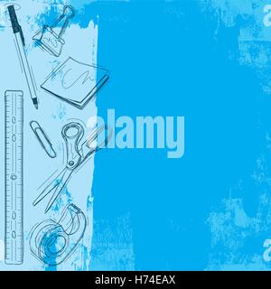 Office Supply Background  Sketchy, hand drawn office supplies over an abstract background. Stock Vector