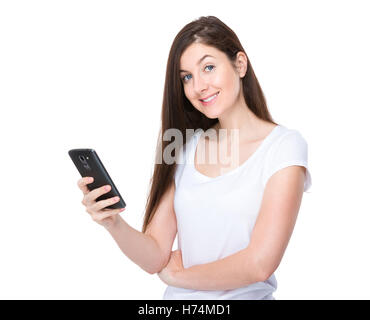 woman telephone phone humans human beings people folk persons human human being laugh laughs laughing twit giggle smile smiling Stock Photo