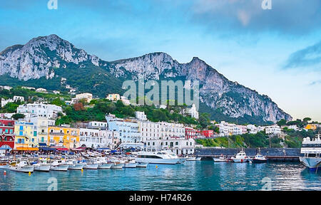 Capri is an island in the Tyrrhenian Sea off the Sorrentine Peninsula, on the south side of the Gulf of Naples in Campania Stock Photo