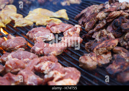 Many pieces of different kinds of meat grilling on a barbeque grill. Selective focus. Stock Photo