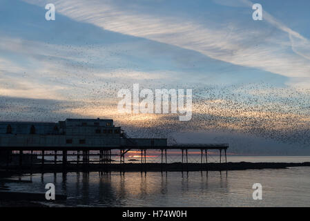 A murmuration of starlings flock over the Victorian Pier dating back to 1865. Stock Photo