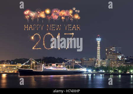 2017 New Year Fireworks celebrating over marina bay in Yokohama City, Japan Stock Photo