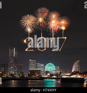 2017 New Year Fireworks celebrating over marina bay in Yokohama City, Japan Stock Photo