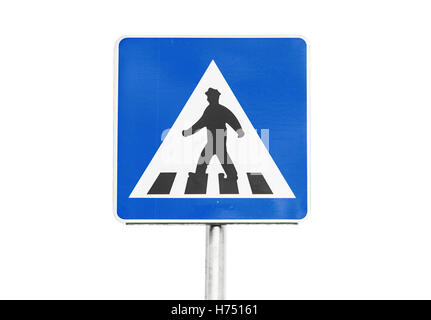 Pedestrian crossing. Square blue and white road sign with walking man isolated on white background Stock Photo
