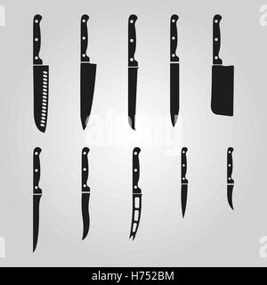 The knife icon, set of 10 icons. Knife and chef, kitchen symbol.UI. Web. Logo. Sign. Flat design. App. Stock vector Stock Vector