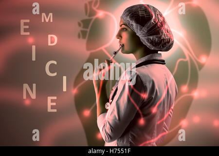 Collage on scientific topics. Young female doctor standing against heart background Stock Photo