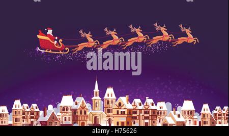 Santa Claus in sleigh pulled by reindeer flying over city. Christmas vector illustration Stock Vector