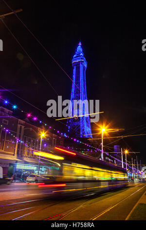 Blackpool Tower at night, Lancashire, UK. Lightpool Festival launches at home of Blackpool Illuminations. Blackpool town centre has been transformed with more than 30 installations and sculptures, as the first Lightpool Festival gets under way in the resort. The installations create a 4km (2.5m) walking route around the town and are on display until Wednesday.