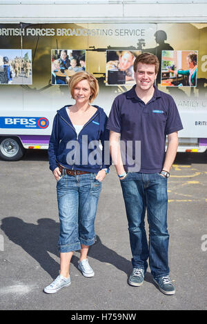 Presenters Jo Theones and Alex Gill at Brize Norton British Forces Broadcasting Service (BFBS) Stock Photo