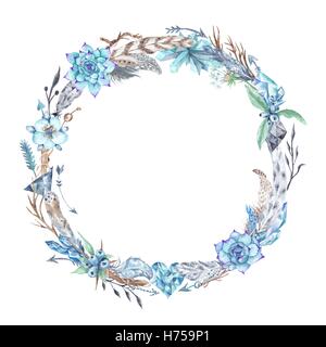Circle tribal style wreath with feathers, crystals and flowers for wedding, event design isolated on white background Stock Photo