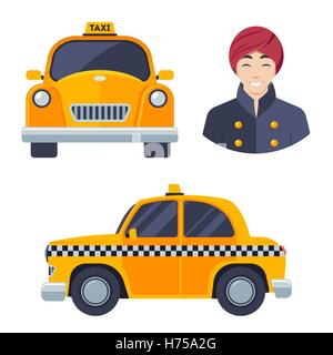 Indian hindu taxi car driver icon set. Stock Vector