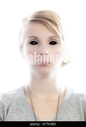 woman isolated female portrait person black swarthy jetblack deep black eyes european caucasian fantasy look glancing see view Stock Photo