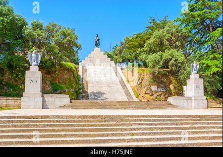 The memorial complex of  Napoleon Bonaparte in Place d'Austerlitz, the statue of Emperor atop the tall stairway Stock Photo