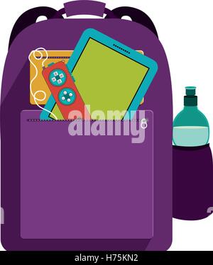 hipster backpack with electronic gadgets and items over white background. colorful design. vector illustration Stock Vector