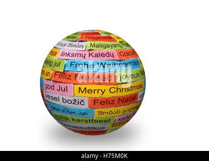 Merry Christmas  Word Cloud printed on colorful paper different languages on 3d ball Stock Photo