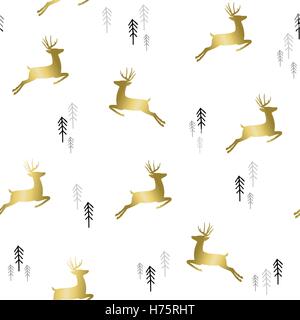 Simple Christmas seamless pattern, gold deer silhouettes with xmas pine tree doodle. EPS10 vector. Stock Vector