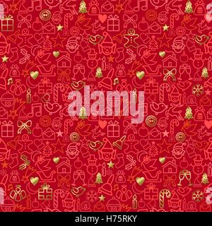Red christmas seamless pattern with holiday icons in gold colors, outline style decoration background. EPS10 vector. Stock Vector