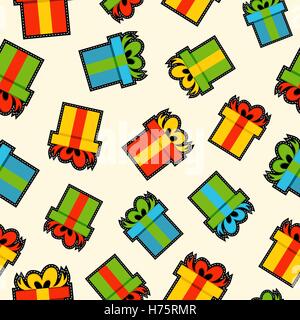 Christmas seamless pattern background, xmas gift box stitch patch icon for holiday decoration. EPS10 vector. Stock Vector