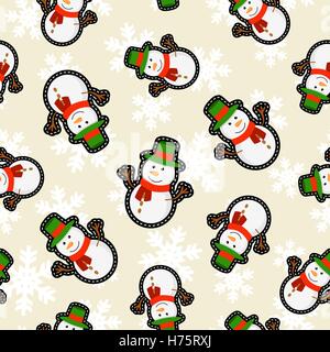 Christmas seamless pattern background with holiday snowman stitch patch icon decoration. EPS10 vector. Stock Vector